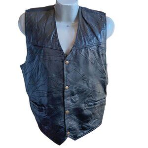 Vintage Large Leather Patchwork Vest Mens Snap Button 1980's Biker Rocker